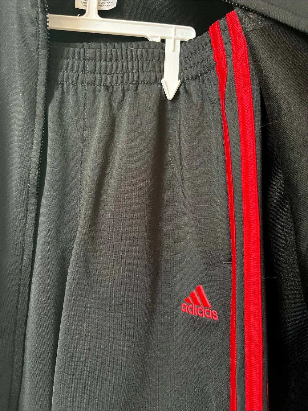 Boys Adidas Black Track Suit with Red Stripe Accents